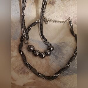 Necklace Two Silvertone Beaded Chain And Mesh Costume Jewelry New One With Tag